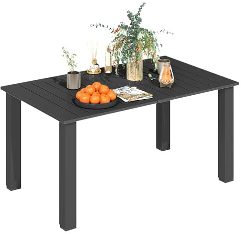 Outsunny Table de Jardin rectangulaire pour 4 à 6 Personnes, Table à Manger extérieure avec Trou pour Parasol Plateau en métal à Lattes, Structure en Acier, pour Balcon, 150 x 90 x 73 cm, Noir