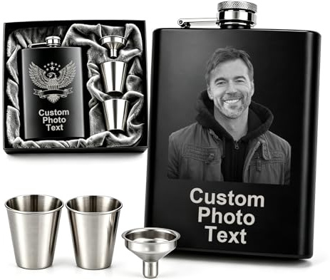 Personalised Hip Flask Photo Engraved Stainless Steel Pocket Flask | Gift for Groom Usher Best Man Dad Men Anniversary Birthday Wedding Keepsake Customised Flask with Photo Engraving