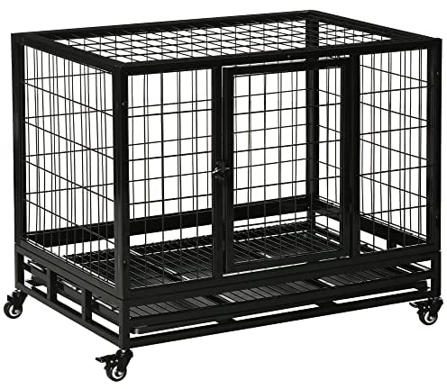 PawHut Jaula de Metal para Perros con Ruedas y Frenos Bandeja Extraíble y Puerta con Pestillo para Golden Retriver Labrador 92x62x75 cm Negro