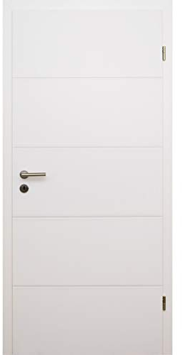 HORI® Zimmertür Komplettset mit Zarge und Türdrücker I Innentür weiß lackiert mit 4 Querstreifen I Höhe 198,5 cm I Anschlag, Breite und Wandstärke wählbar I DIN rechts I 1985 x 735 x 140 mm