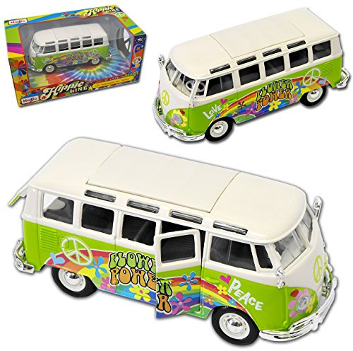 Maisto Volkwagen T1 Grün Hippie Flower Power Samba Bully Bus 1950-1967 1/25 1/24 Modell Auto
