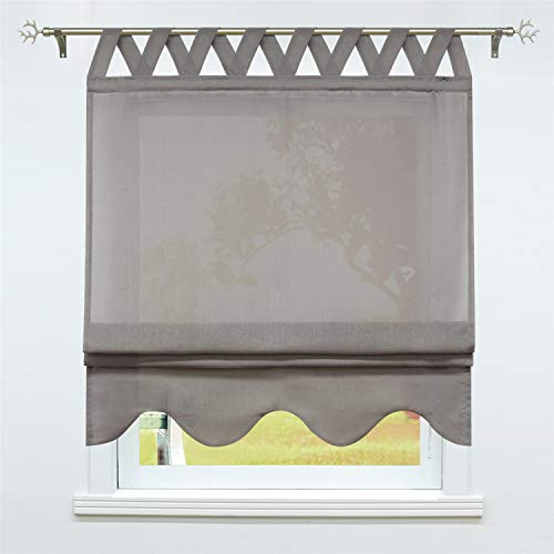 SCHOAL Raffrollo mit Schlaufen Halbtransparente Raffgardine Landhaus Schlaufenrollo Gardinen Leinen mit gebogten Abschluss 1 Stück BxH 80x140cm Grau