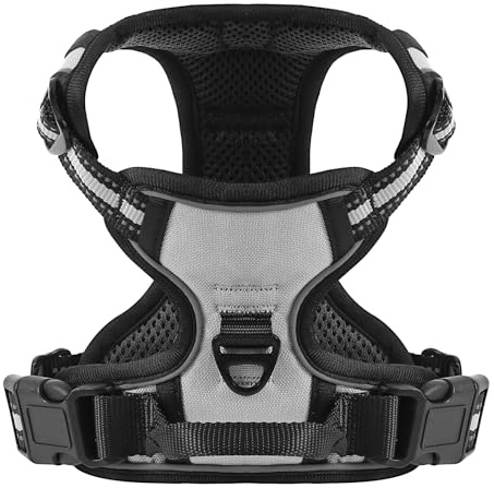 Belababy Dog Harness Small Medium Large Dog Pull, Adjustable Reflective Front Clip Dog Harness with Easy Control Handle, 2 Metal Rings for Training or Walking, Gray XL
