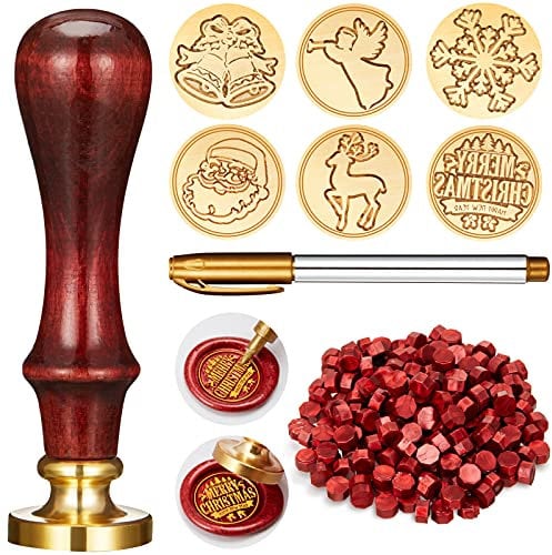 208 Stück Weihnachten Siegelwachs Stempel Kit, einschließlich 6 Stück Wachsstempel Messingköpfe mit Holzgriff, 200 Stück Siegelwach Perlen und Goldmarkierungsstift für Einladungen