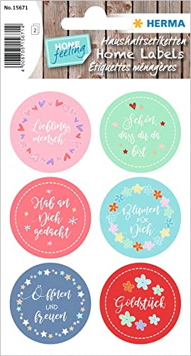 HERMA 15671 Aufkleber Schriftzüge Glitzer klein rund, 12 Stück, Vintage Sticker zur Dekoration, Erwachsene Geschenkaufkleber mit Lieblingsmensch Öffnen Und Freuen Schön Dass Du Da Bist Schriftzug bunt