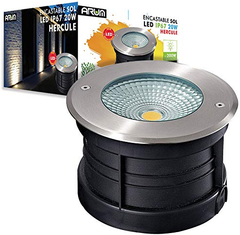 Arum LIGHTING - Spot Encastrable de Sol Extérieur HERCULE, LED COB 20W (2800 Lm), Blanc Chaud 3000K, Étanche IP67, Projecteur Puissant pour Terrasse, Arbre et Façade, Ø 20cm
