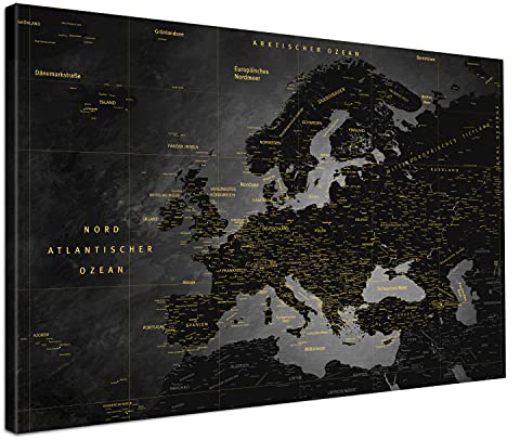 LANA KK - Premium Pinnwand Europakarte - Noir - Deutsch - in 100 x 70 cm, stabile Rückwand zum Pinnen inkl. Starterkit - Leinwand-Kunstdruck Wandbild Landkarte XXL