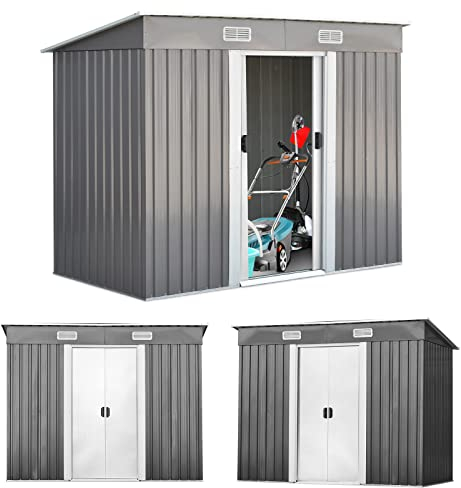 RELAX4LIFE Gerätehaus aus Metall, Wasserfestes Gartenhaus mit Pultdach, Geräteschuppen mit 2 Schiebetüren & 4 Lüftungsöffnungen, 238 x 131 x 181 cm, Gartenschuppen Outdoor, Garten Schuppen Grau
