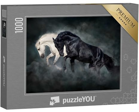 puzzleYOU: Puzzle 1000 Teile „Spiel der Farben: Schwarzer und weißer Hengst“ – aus der Puzzle-Kollektion Pferde, Friesenpferde