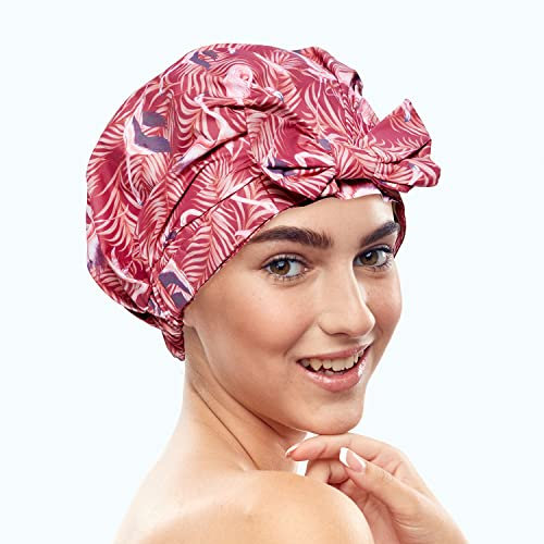 Bodylife Shower Cap Reusable Bath Cap Waterproof Mold Proof With Bow Flamingo Sunset