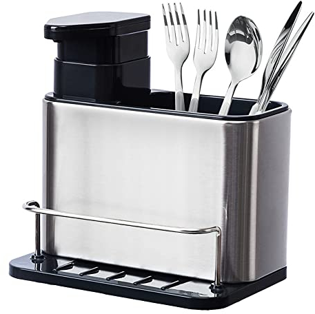 Soap Dispenser with Sponge and Brush Holder, Kitchen Countertop Sink Caddy Organizer with Plastic Pump and Stainless Steel Sponge Holder for Sink Storage and Organization