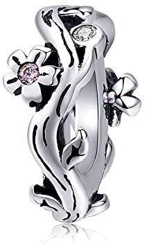 SANHUA Charm S925 Argento Sterling Sakura Fiore di Ciliegio Piccolo Serpente Ciondoli Perline Ciondolo per Donne Ragazze Mamma Moglie,Compatibile con Tutti I Braccialetti Europei