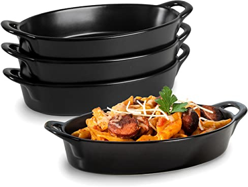 Oval Au Gratin Baking Dishes for Oven Safe and Microwave Cooking and Baking, 4 Pc. Set, Heat Resistant Ceramic with Handles for Serving, Small Mini Casserole Dish, 8 x 5, 16 oz, Matte Black