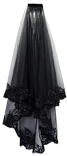 jiebor Schwarzer Spitzenschleier Brautschleier Hochzeitsschleier Halloween Schleier für Frauen Mädchen Bräute Hochzeit Brautparty, Schwarz, Large