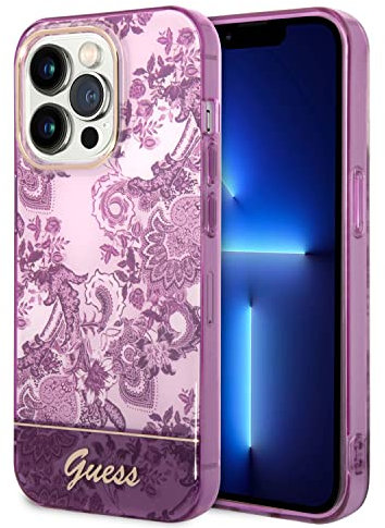 Guess Handyhülle für iPhone 14 Pro Max in Fuchsia IML Blumenmuster, Anti-Kratzer PC/TPU, bequemes und langlebiges Hardcase mit Zugänglichen Anschlüssen, Stoßdämpfung & Signatur-Logo
