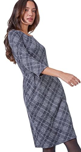 Roman Originals Shift Dress with Pockets for Women UK - Ladies Summer Autumn Winter Smart Casual Work Short 3/4 Sleeve Tunic Knee Length Pleated Gathered Waist Tea Loose - Dark Grey - Size 20
