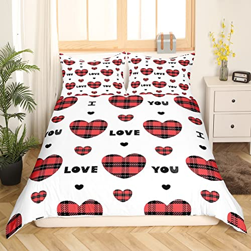 Mädchen Liebe Bettwäsche 135 x 200 Süße Herzen Dekor Bettwäsche Set Rot Schwarz Büffel Bettbezug Karierte Ich Liebe Dich Bettbezug mit 1 Kissenbezug Romantische Weiß