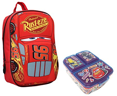 Theonoi Set Cars Lightning McQueen 3D-Effekt Rucksack Backpack Schulrucksack Schulranzen Schultasche Sportrucksack Kindergarten leichter Kleinkinderrucksack (Rucksack + Brotdose)