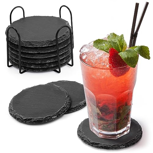 Joejis Schiefer-Untersetzer Set von 8 - Premium Schwarze Getränkeuntersetzer mit stilvollem Halter, langlebig und saugfähig, perfekt zum Schutz von Tischen und Arbeitsplatten