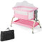 GYMAX Baby Bedside Crib, 4-in-1 Infant Bassinet with Detachable Net, Soft Mattress, Storage Basket and Wheels, Height Adjustable Toddler Co-Sleeping Bed (Pink)