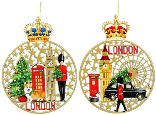 Gisela Graham Wooden Fretwork London Scene Disc Tree Hanging Decorations (Set of 2)