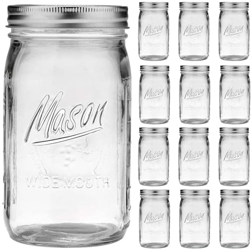 Esrentle Wide Mouth Mason Jars 32 oz - 12 Pack Large Glass Jars with Airtight Lids and Bands, 1 Quart Jars for Pickling, Canning, Fermenting and Food Storage, Microwave & Dishwasher Safe