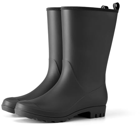 HISEA Women Rubber Boots Waterproof Wide Calf Rain Boots Mid-Calf PVC Rubber Rain Boot Matte Surface Seamless Mid Height Rain Shoes for Women's Rain Footwear Outdoor Garden Work Walking