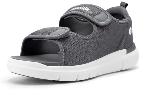 FitVille Sandales Diabétiques Hommes Large Ouverture Chaussures Orthopédique Scratch Sandales Rééducation pour Pieds Gonflés Gris Acier 43 EU Large