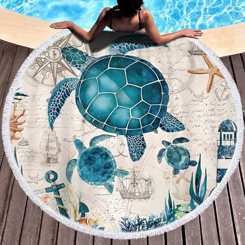 LXTOPN Rund Strandtuch, Meeresschildkröte Microfaser Strandhandtuch für Stranddecke Badetuch Yogamatte Campingdecke Picknickdecke Handtücher mit Quasten, 150cm (Blau-Schildkröte 3)