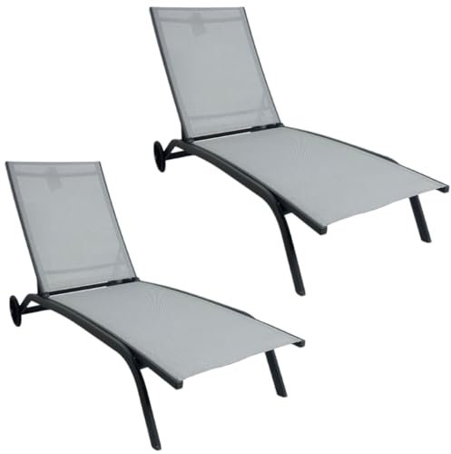 MOMMAHOME® Pack 2 Tumbonas Jardin Exterior - Reclinable 4 Posiciones, Terraza y Piscina, Ruedas de Aluminio, Textilene Gris, Marbella, Color Gris Antracita, 193x61x30/94 cm