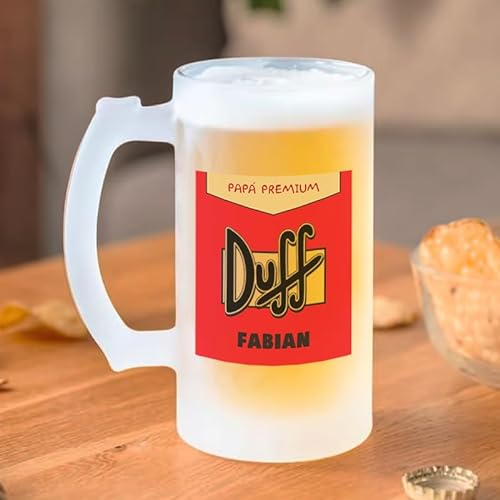 Transparent Gift Jarra de Cerveza Personalizada Día del Padre Duff Nombre. Jarra Cerveza Personalizada Papá. Regalos Originales para Hombre. Regalos para Padres. Regalo Cumpleaños. Regalos Hombre