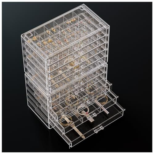 ProCase Transparent Schmuckorganizer Acryl Stapelbar Schmuck Organizer Durchsichtig Schmuckaufbewahrung Schmuckkästchen für Ohrringe Ringe für Frauen Mädchen -10 Etagen