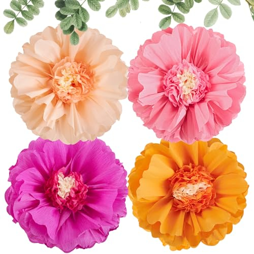 SUNBEAUTY 4 Stücke 20“ Pink Orange Papierblumen Dekorationen Riesige Papier Blumen Frühling Sommer Gartenparty Seidenpapier Pompons Deko für Hochzeit, Babyparty, Geburtstag Mädchen Gartenparty Deko