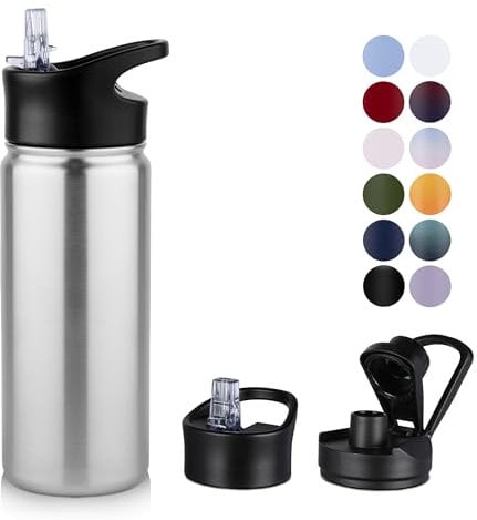 MURBONE Edelstahl Trinkflasche 500ml (+2 Deckel)-mit Strohhalm,BPA frei,Thermosflasche Auslaufsicher,Kohlensäure Geeignet,Thermoskanne Vakuum Doppelwandisolierung für Sport, Reisen, Camping