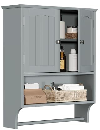 Smuxee Grauer Badezimmerschrank zur Wandmontage mit Handtuchstange, Badezimmer Medizinschrank mit 2 Türen verstellbaren Regalen, über Toilettenschrank für Badezimmer, Waschküche, Küche