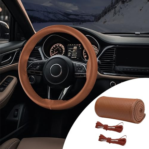 PACLVIO Lenkradbezug aus echtem Leder, 15 Zoll Universal Auto Lenkradschoner mit Nadelfaden, rutschfeste und atmungsaktive Lenkradabdeckung DIY Stitch on Wrap (Braun/Loch)