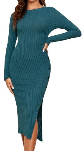 Famulily Ladies Button Long Sleeve Knit Dress Comfy Stretchy Tunic Sweater Dress Crewneck Winter Long Sleeve Tops Green L