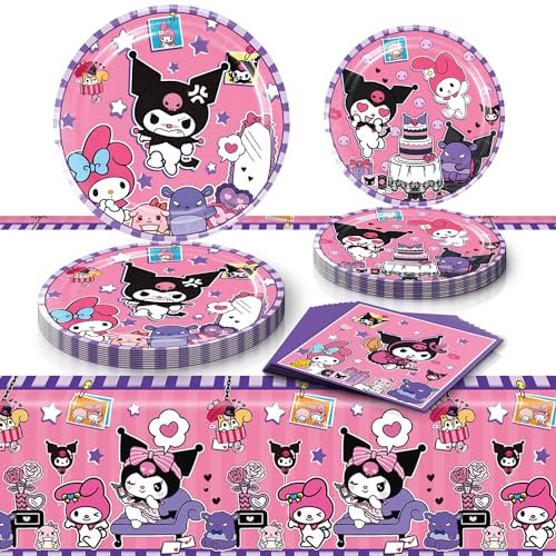 AVONO Kuromi - Suministros de fiesta de cumpleaños, 20 platos, 20 servilletas y 1 mantel para decoración de fiesta de Kuromi para niñas
