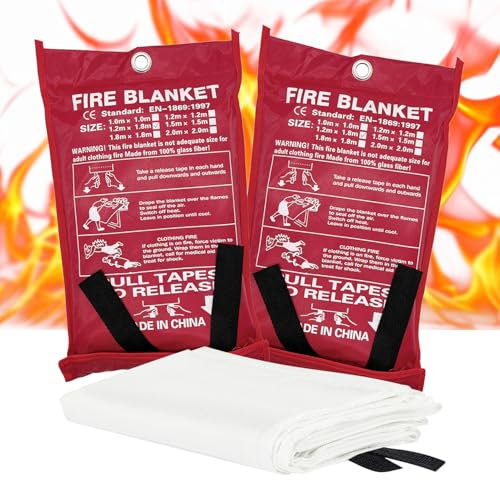 2 Pack Fire Blanket,1.8M x 1.2M &1M x 1M Fiberglass Fire Guard Emergency Blanket,Survival Blanket Fire Suppression Welding Blanket for Car,Office, School,Warehouse,Caravan,Garage,Fireproof Mat