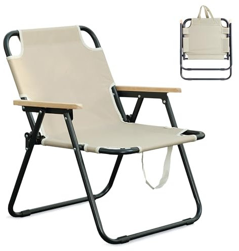 T-ZBDZ Campingstuhl Faltbar Klappstuhl Camping, Faltstuhl Klappbare Campingstühle mit Armlehnen, Tragbarer Camping Stuhl Gartenstuhl Anglerstuhl, für Picknick Angeln Strand Garten - Beige