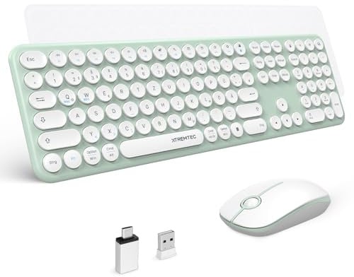 XTREMTEC Volle Größe Kabellose Tastatur Maus,USB 2.4GHz Verbindung,Retro runde Schreibmaschine Tastatur,ultradünn,leise,niedliche Computer-Tastatur für Windows,Mac,Tablet(Grün-weis)-Deutsche Tastatur