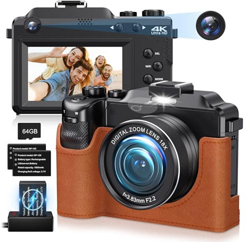 4K Digital Camera for Photography with Protective Case,Autofocus 64MP Vlog Camera for Youtube,18X Zoom Video Cameras with Dual Lens for Beginner, 64GB Card, 2 Batteries