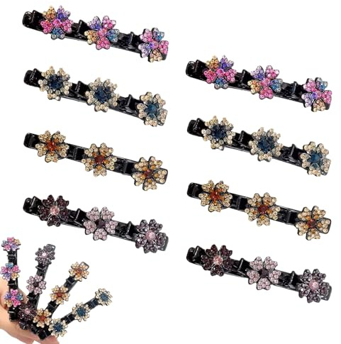 8 Pcs Kolibri Haarspange Geflochtene Haarspangen Glitzernde Kristall-Stein Geflochtene Haarspangen, Kolibri Haarspange mit Kristallblume mit 3 Mini-Haarspangen Exquisit und Elegant für Damen Mädchen
