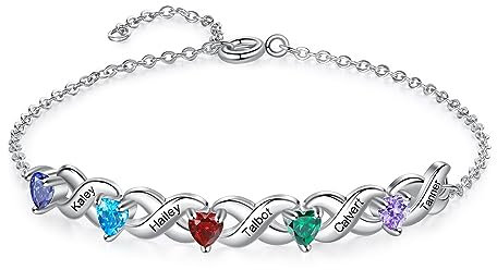 Personalisiertes Unendlichkeitsarmband für Damen Armband mit Name Geburtsstein Geschenk für Mutter Tochter Oma Frau Freundin (Silber, 4 name)