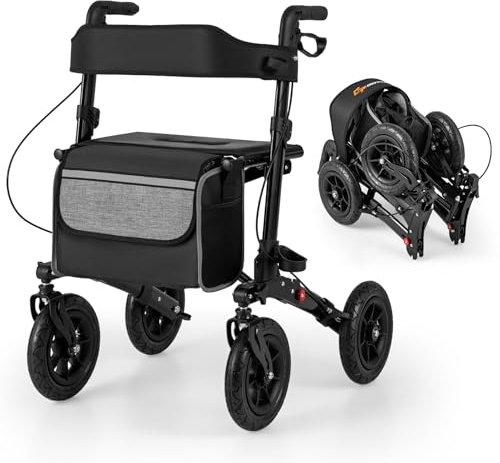 COSTWAY Rollator mit Luftbereifung, faltbar und leicht mit Sitz, Aluminium, bis 140 kg, 2 in 1 Rollstuhl & Reiserollator, Gehhilfe 7-fach höhenverstellbar, Gehwagen mit Tasche & Stockhalter (Schwarz)