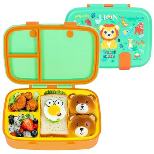 PinkSheep Bento Lunch Boxen für Kinder, 800ml BPA-freie leckagesichere Kinder Lebensmittelbehälter mit 3 Fächern zurück zu Schulschülern Junge Mädchen (Löwen)