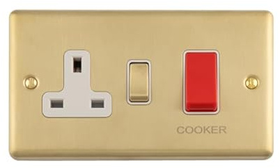 Kooples Hardware Enhance Decorative 45 Amp Switch with Socket Brushed Chrome Wall Plate UK (White Trim, Satin Brass)