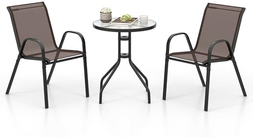 COSTWAY Ensemble de Jardin 3 Pièces, Salon de Jardin avec 2 Chaises Empilables Table Basse Ronde en Verre Trempé, Ensemble de Salle à Manger pour Jardin Balcon Terrasse Cour (Brun)