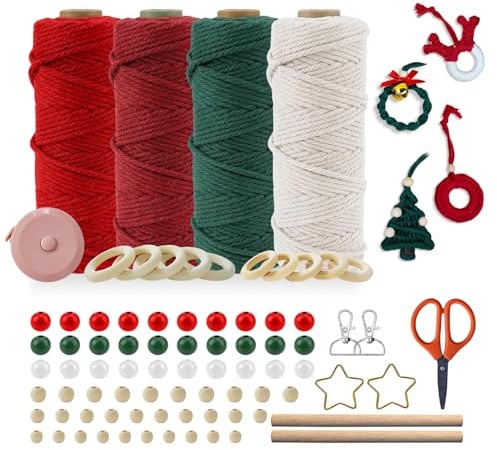 Makramee Garn Set Weihnachten - 3er 3mm 50m Makramee Garn Rot Grün Weiß mit 82 Zubehör, Kreativset Erwachsene Frauen für DIY Weihnachtsschmuck, Topp Kreativ Set für Makramee Blumenampel Selber Machen
