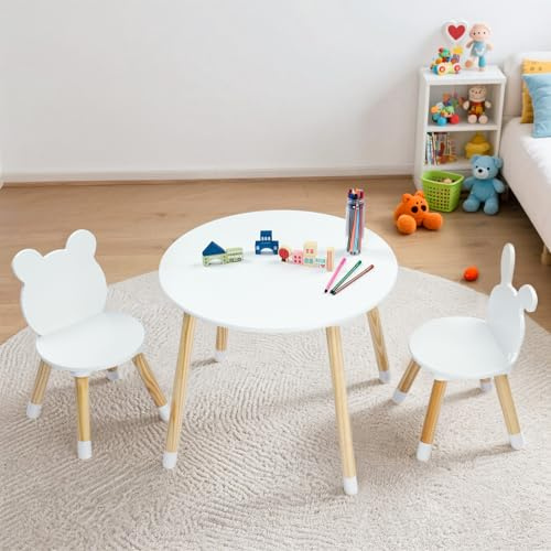 LALAHO Kindertisch mit 2 Stühle，Sitzgruppe Kinder，Kinder für，Spieltisch，mit | Schreibtisch/Maltisch Kiefer Beine Kindermöbel für Kinderzimmer Kindergärten （Weiß）